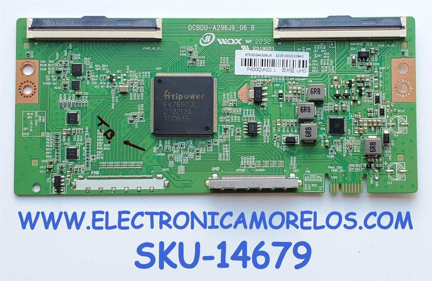T-CON PARA TV / NUMERO DE PARTE 8T03D2432AUX / DCBDU-A296J9_06 B / P430QVN01.1 / 1202100840	